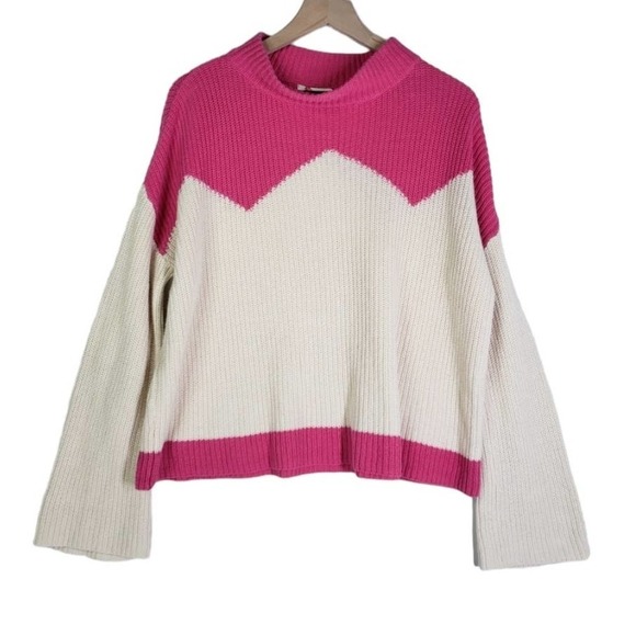 The Reeds x J.Crew Colorblock Sweater M Pink Ivory Zip Zag Bell Sleeve - Picture 1 of 9